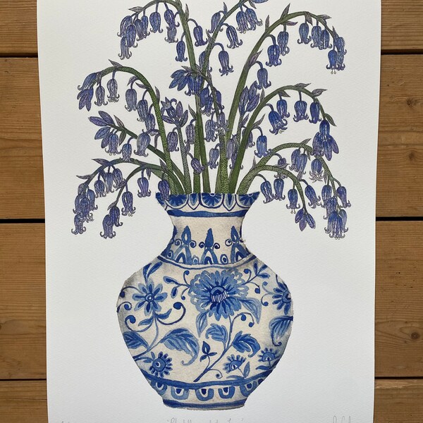 A3, édition limitée, impression jet d'encre de jacinthes des bois dans un vase de Delft