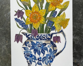 A4, limited edition giclee print of ‘spring joy in a jug’  daffodils, grape hyacinths and fritillary flowers in a delftware ceramic jug.