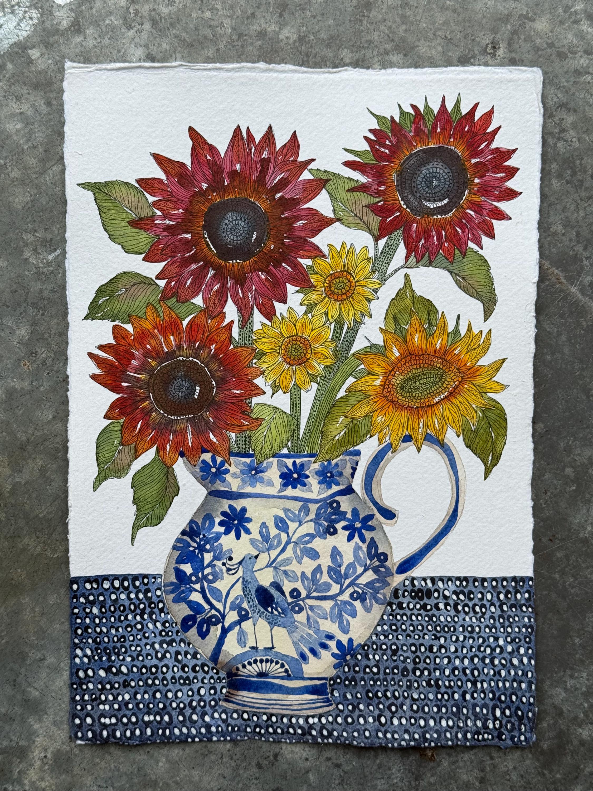 デルフト風の陶器の花瓶に入ったひまわりを描いたオリジナルの A4 