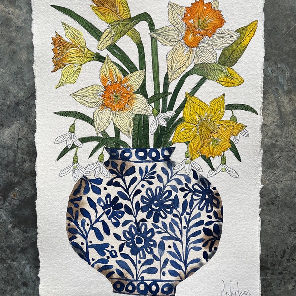 Original, A4 (approx) watercolour and ink painting of spring flowers, daffodils and snowdrops in a blue and white, ceramic vase.