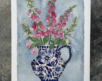 A4, limitierte Auflage von Aquarell & Tinte Fingerhüte in einem blau und weiß, Keramik, gemusterten Krug.