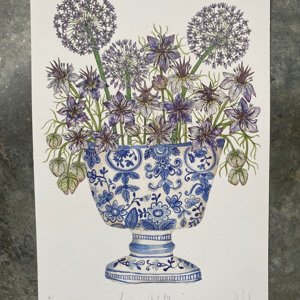 A4, limited edition giclee print of ‘Love in a mist & Alliums’ in a delftware ceramic vessel.