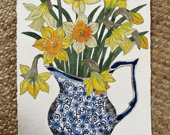 Original, A3 (approx) watercolour and ink painting of joyful daffodils in a blue and white patterned, ceramic vase.