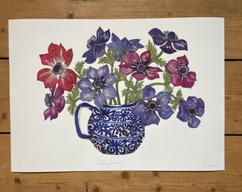 A3, Limited Edition, Giclee print of Anemone flowers in a blue and white jug