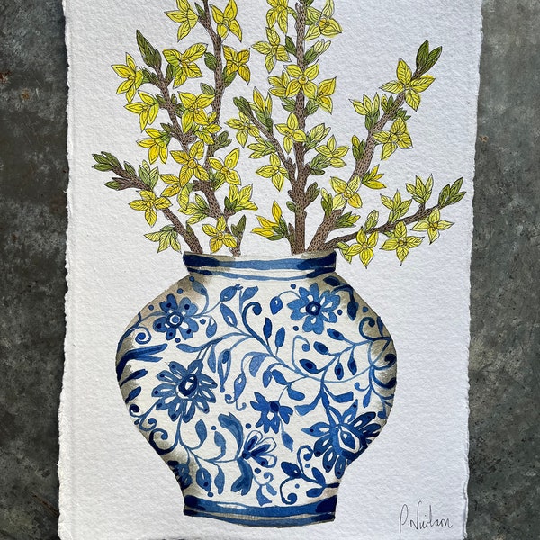 Original, A4 (approx) watercolour and ink painting of forsythia in a delftware, ceramic, vase.