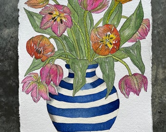 Original, A4 (approx) watercolour and ink painting of bright parrot tulips in a blue and white striped ceramic vase.