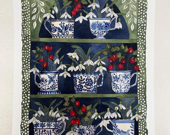 A3, giclee print of watercolour and ink snowdrops & Rosehips in delftware, ceramic teacups displayed in a patterned plant Theatre.
