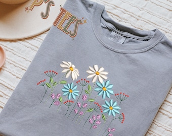 Embroidered Comfort Colors Wildflower T-shirt • Floral Shirt • Gift for Her • Embroidery Shirt • Wildflower Shirt • Womens Shirt