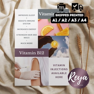 Cartel de inyecciones de vitaminas IMPRESO- A4 A3 A2 A1 A0 Impresión - Publicidad de folletos - Goteo de vitamina, B12, C, D, Energía
