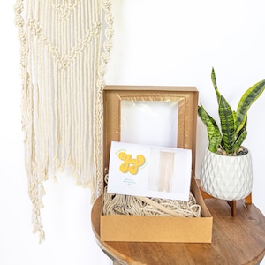 May include: Cream-colored macrame wall hanging with a geometric design, held by a hand. A craft kit with materials and instructions sits nearby. A potted snake plant is on a wooden table.