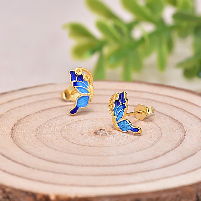 Sterling Silver Earring,Cloisonne enamel Jewelry,Nationality Earring,MINI GIFT Accessories,Statement Earring Butterfly Stud Earrings