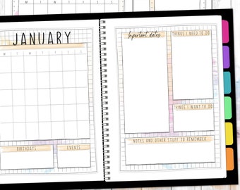 Simple 12-month calendar, undated schedule, journal, planner, watercolor print, event tracker, printable or digital use.