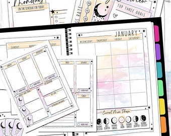 May include: A weekly planner with a watercolor background and a moon and stars theme. The planner includes sections for daily tasks, weekly goals, and a monthly calendar. The planner also includes a section for tracking the current moon phase.