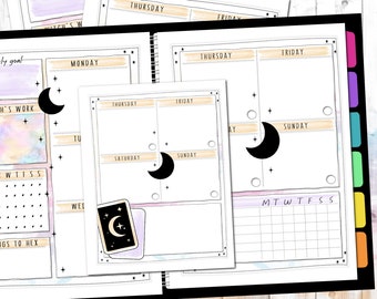 May include: A printable planner page with a weekly goal section, a daily schedule, and a moon and stars theme. The page is designed for a planner with a black cover and colourful tabs.