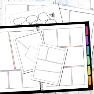 Puede incluir: Una plantilla de cómic en blanco y negro con paneles y globos de diálogo en blanco. La plantilla está diseñada para crear tus propias historias de cómics.