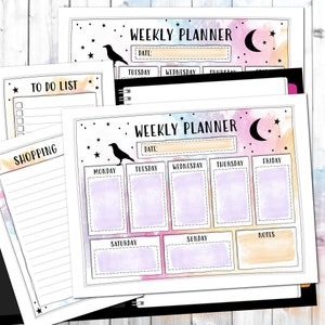 May include: A printable weekly planner with a watercolor background featuring a crescent moon, stars, and a raven. The planner includes sections for Monday through Sunday, as well as a notes section. The planner also includes a to-do list and a shopping list.