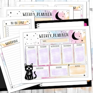 May include: A printable weekly planner with a watercolor background featuring a crescent moon and stars. The planner includes sections for Monday through Sunday, a to-do list, a shopping list, and notes. The planner also features a black cat illustration with a crescent moon on its chest.