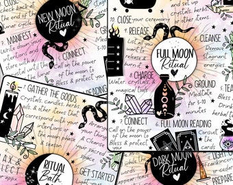 Puede incluir: Una ilustración colorida de un ritual de luna nueva con pasos a seguir. La ilustración presenta una serpiente, cristales, velas y hierbas. El texto incluye "Ritual de Luna Nueva", "Reúne los Bienes", "Conecta", "Limpia", "Libera", "Carga" y "Baño Ritual".
