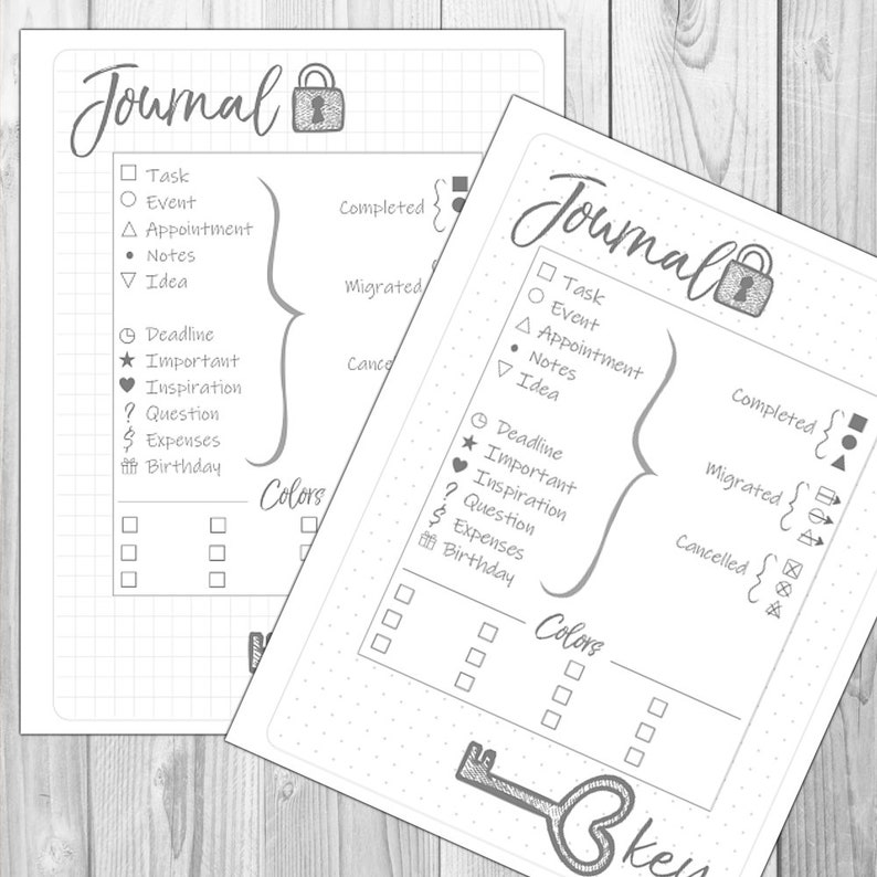 May include: A printable journal page with a lock and key design. The page is divided into sections for tasks, events, appointments, notes, ideas, deadlines, important items, inspiration, questions, expenses, and birthdays. There are also sections for colors and completed, migrated, and cancelled items.