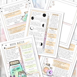 Op de afbeelding: Een aquarelillustratie van een maanwaterrecept met instructies over het maken van maanwater, inclusief de maanfasen en de bijbehorende energie&euml;n. De illustratie bevat een pot maanwater, kristallen en een maanfasenkaart.