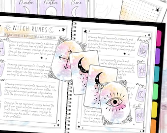 Puede incluir: Un juego de diez cartas de runas de bruja con fondos de acuarela y contornos negros. Las cartas presentan símbolos como una luna creciente, una cruz, un ojo y un sol. El texto en las cartas incluye las palabras "Maiden", "Mother", "Crone", "Harvest", "Sun", "Moon", y "Witch Runes".