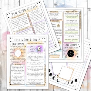 Op de afbeelding: Een printbare gids voor nieuwe maan- en volle maanrituelen met aquarel illustraties. De gids bevat secties voor het stellen van intenties, affirmaties en journalen. De tekst bevat zinnen als "Lieve Universum" en "Welkom bij de nieuwe maan".