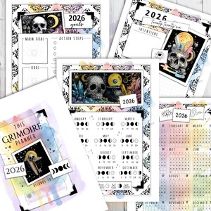 May include: A collection of 2026 Grimoire planner pages with skull illustrations, moon phases, and calendar layouts. The pages feature watercolor accents and text including "Goals," "Intentions," and "This Grimoire Planner."