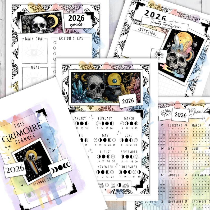 May include: A collection of 2026 Grimoire planner pages with skull illustrations, moon phases, and calendar layouts. The pages feature watercolor accents and text including "Goals," "Intentions," and "This Grimoire Planner."