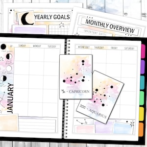 Kit d'agenda imprimable galaxie arc-en-ciel | Mensuel | Quotidien | Hebdomadaire | Planificateur d'objectifs | Aperçu mensuel | Thème céleste | 12 cartes du zodiaque | PDF