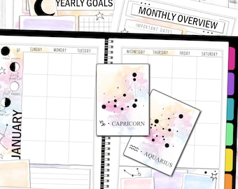 Rainbow Galaxy Printable Planner kit | Monthly | Daily | Weekly | Goal Planner | Monthly Overview | Celestial Theme | 12 Zodiac Cards | PDF