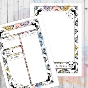 May include: Two white tarot reading sheets with black ornate borders and watercolor accents. One sheet has sections labeled "Reading," "Question," "Moon Phase," and "My Cards." The other sheet has a skull graphic and the word "Takeaway."