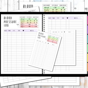 May include: A printable blood pressure log with a chart to track blood pressure readings. The chart includes columns for date, time, systolic, diastolic, and notes. The chart also includes a colour-coded guide to blood pressure categories.
