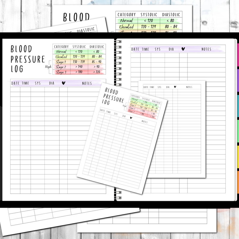 May include: A printable blood pressure log with a chart to track blood pressure readings. The chart includes columns for date, time, systolic, diastolic, and notes. The chart also includes a colour-coded guide to blood pressure categories.