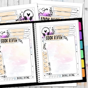 May include: A printable book review template with a watercolor background. The template includes space for the title, author, page number, overall rating, and spice level. The template is decorated with hearts, stars, and leaves.