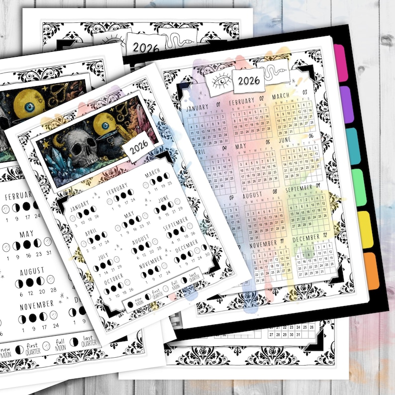 2026 Grimoire Style Norther Hemisphere Lunar Calendar, Rainbow Watercolor, Moon Phase Tracker ...