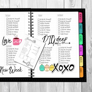 May include: A weekly planner with a black and white design. The planner has sections for Tuesday, Thursday, Friday, Saturday, and notes. The planner also has a section for monthly, daily, business, social, website, and goals. The planner has a cute coffee cup illustration with the word "love" and a key illustration with the word "journal". The planner also has a sticker with the words "DIY deep" and "XOXO".