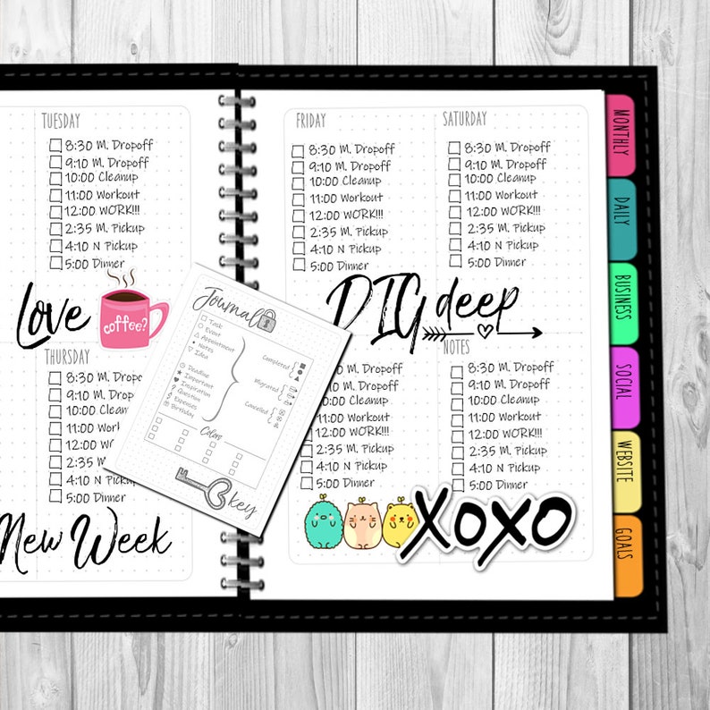 May include: A weekly planner with a black and white design. The planner has sections for Tuesday, Thursday, Friday, Saturday, and notes. The planner also has a section for monthly, daily, business, social, website, and goals. The planner has a cute coffee cup illustration with the word "love" and a key illustration with the word "journal". The planner also has a sticker with the words "DIY deep" and "XOXO".