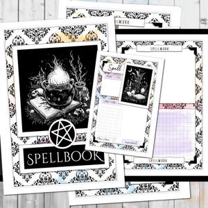 May include: Black and white printable spellbook pages with a pentagram, cauldron, and skulls. The pages are decorated with a damask pattern and the text "SPELLBOOK" and "SPELLWORK".