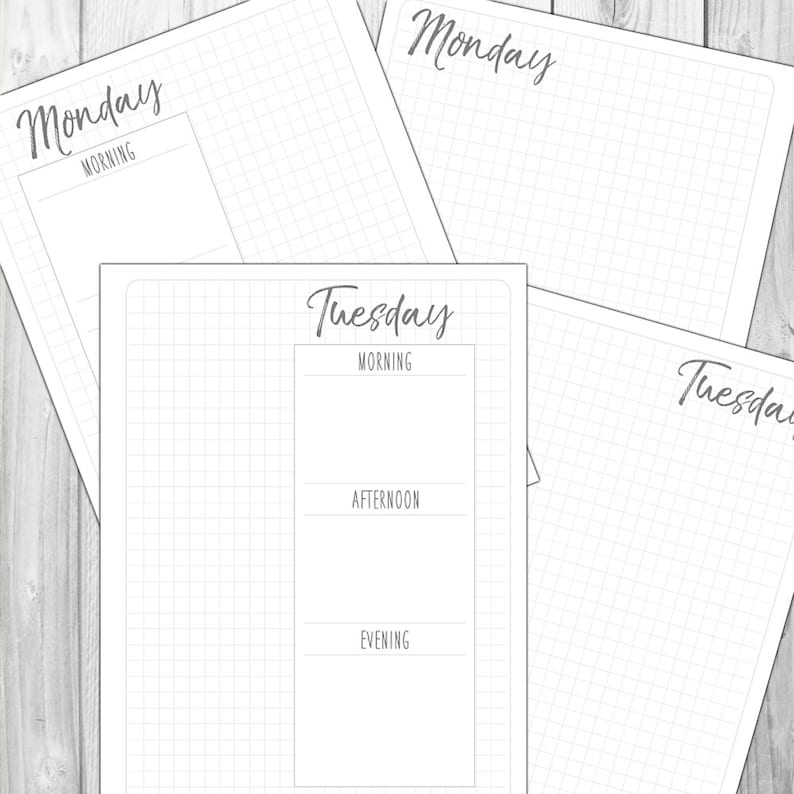 May include: A printable planner page with a grid pattern and the text "Tuesday" at the top. The page is divided into three sections: "Morning", "Afternoon", and "Evening".
