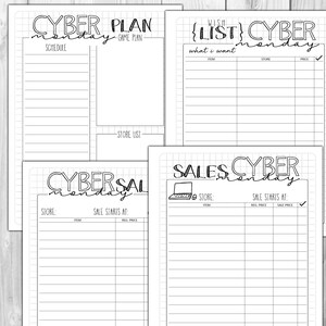 May include: A set of four black and white Cyber Monday themed planner pages. The pages include sections for planning, wish lists, sales tracking, and store lists. The text is handwritten style.