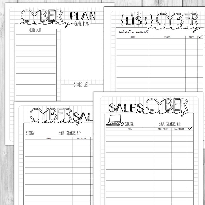 May include: A set of four black and white Cyber Monday themed planner pages. The pages include sections for planning, wish lists, sales tracking, and store lists. The text is handwritten style.