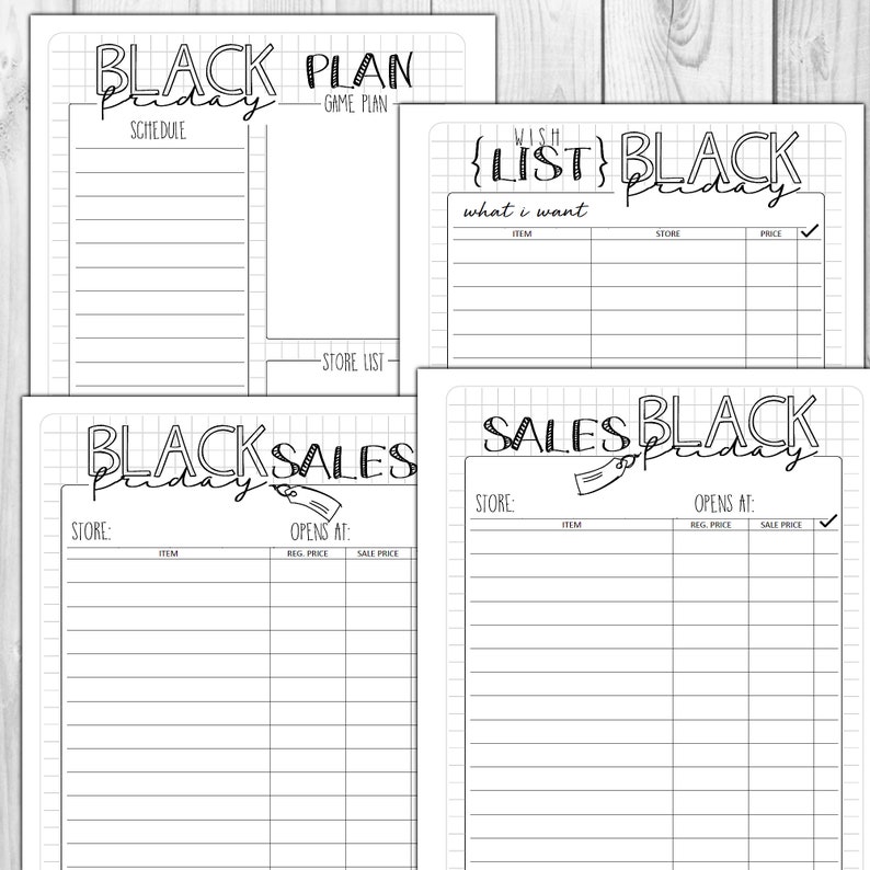 May include: Black and white planner pages with the words "Black Friday" in a decorative font. The pages include sections for scheduling, wish lists, and sales tracking. The pages are lined and have grid backgrounds.