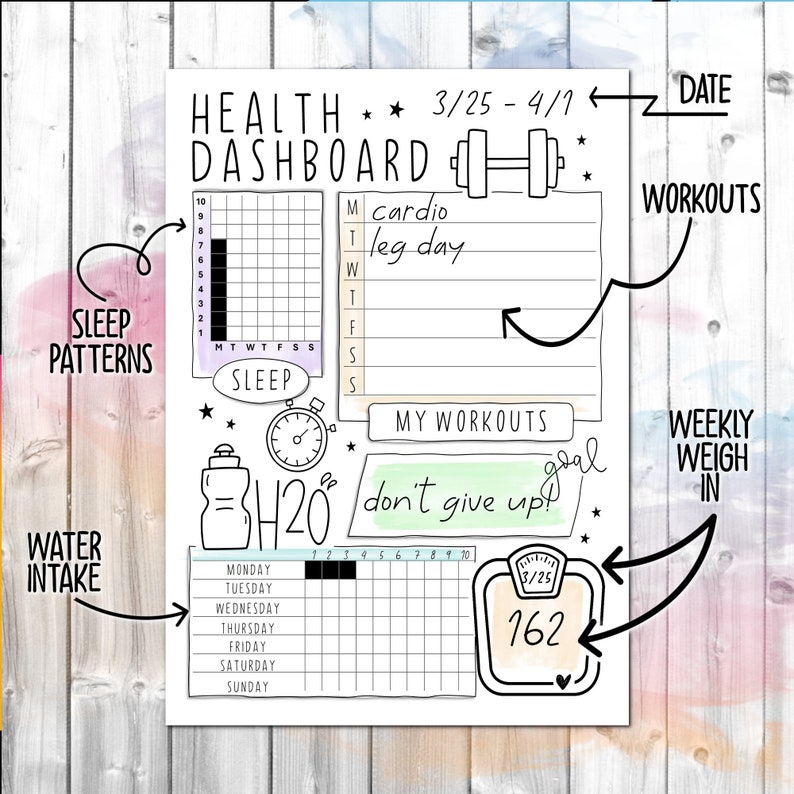 May include: A printable health dashboard tracker with sections for sleep patterns, water intake, workouts, and weekly weight. The tracker includes a calendar, a water bottle icon, a weight scale, and a dumbbell icon. The text "don't give up!" is written in green.