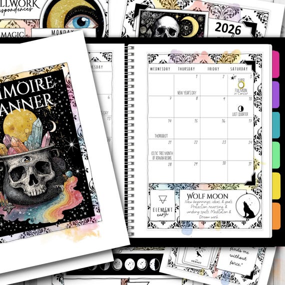2026 Mystic Skull Grimoire Planner Kit, Pagan Holidays, Lunar Calendar, Wheel of the Year & Ritual Planner, Spell book, Tarot Journal, PDF