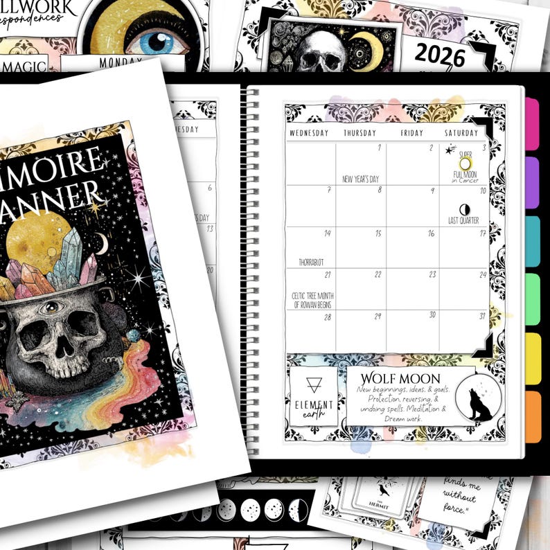 May include: A spiral-bound planner with a black and white calendar page for 2026, featuring a full moon graphic. Additional pages include illustrations of a skull, crystals, and a cauldron. The planner has a mystical theme.