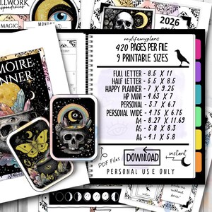 May include: A digital planner with a mystical theme, featuring a skull, rainbow, and moon graphics. The planner includes 420 pages, 9 printable sizes, and the text "DOWNLOAD" and "PERSONAL USE ONLY". The planner is surrounded by other mystical themed graphics.