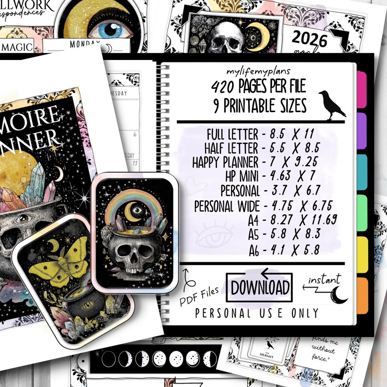 May include: A digital planner with a mystical theme, featuring a skull, rainbow, and moon graphics. The planner includes 420 pages, 9 printable sizes, and the text "DOWNLOAD" and "PERSONAL USE ONLY". The planner is surrounded by other mystical themed graphics.