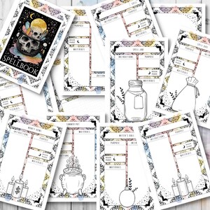 May include: A collection of printable spellbook pages with a skull and moon graphic. The pages include sections for instructions, purpose, moon phase, and materials. The pages have a decorative border and are designed for witchcraft.