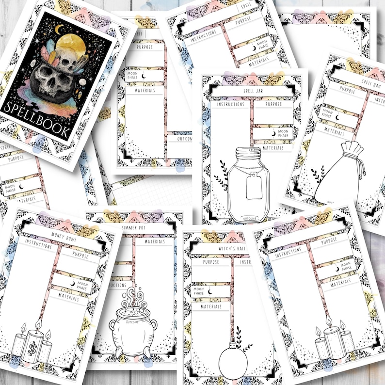 May include: A collection of printable spellbook pages with a skull and moon graphic. The pages include sections for instructions, purpose, moon phase, and materials. The pages have a decorative border and are designed for witchcraft.