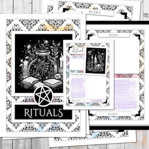 Könnte beinhalten: Eine Sammlung druckbarer Ritualseiten mit einem schwarz-weißen Damastmuster-Rand. Die Seiten zeigen Illustrationen von Kerzen, Büchern und einem Pentagramm. Das Wort "RITUALS" wird fett dargestellt.